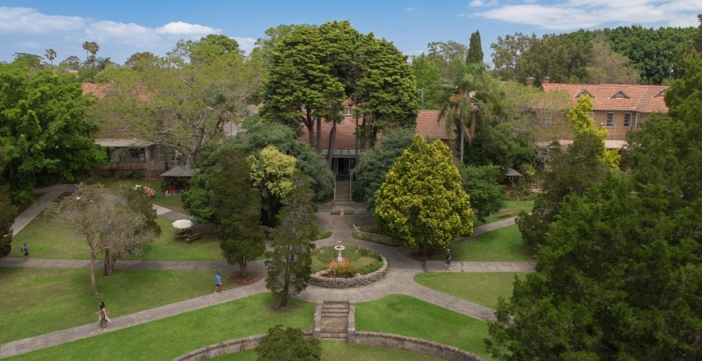 Aerial view of the WHOS Lilyfield campus and gardens.